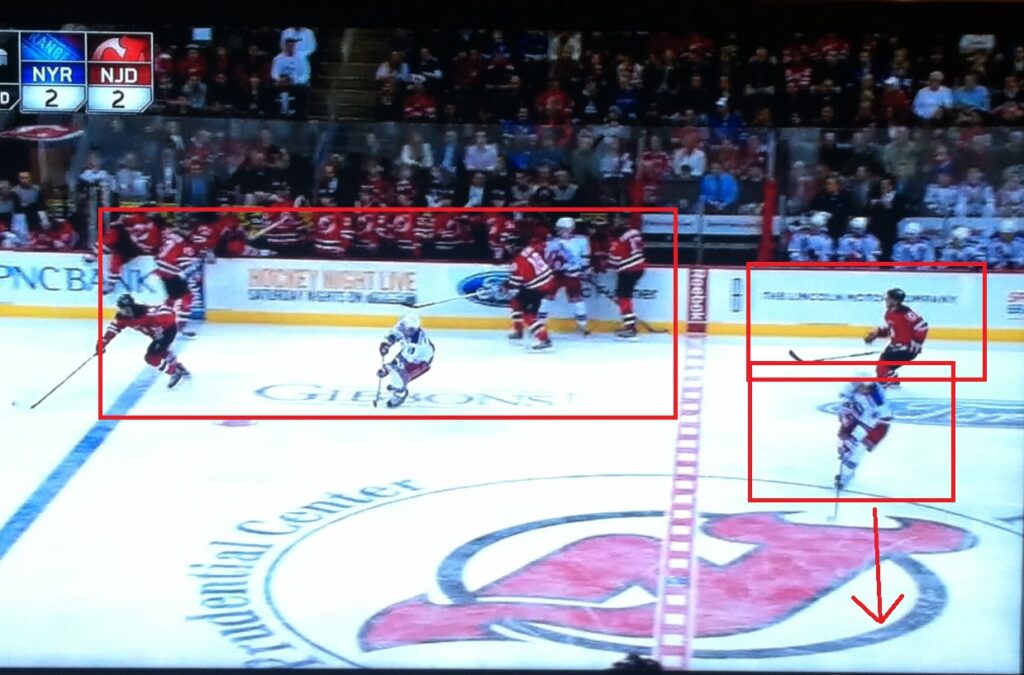 All 5 Devils by the bench.